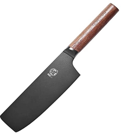 MITSUMOTO SAKARI Japanese Vegetable Kitchen Knife, German Premium Alloy Steel Chef Knife, 7 inch Professional Black Titanium Coated Cooking Chef's Knives (Walnut Handle)
