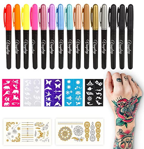 Vanplay Temporary Tattoos Tattoo Pens for Skin Multi-colored Face Paint Markers with 15 5 Stencils and 2 Stickers Girls Boys Teenage Adults Christmas Gifts, 1.0 count