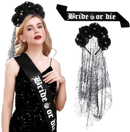 JeVenis Bride or Die Sash Gothic Rose Flower Headband Goth Bachelorette Decoration Bride or Die Bachelorette Party Supplies Gothic Bridal Shower Decoration, Black