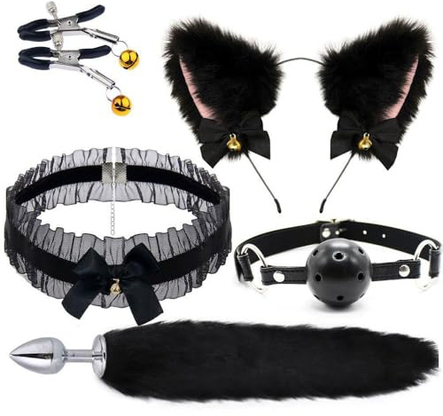 GKLWEJ Analplug Paaren Cosplay mit Fuchsschwanz, 5pcs/set Analplug Schwanz Sexspielzeug, Sex Spielzeug Set, Analplug+Nippelklemmen+Spitze Halsband + Katze Ohren+Portball, für Männer Frau Paare