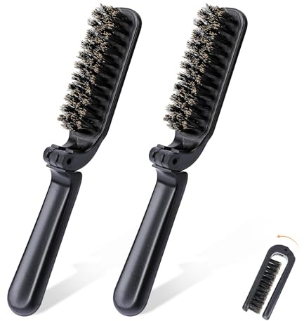 2 Stück Bartbürste，Wildschweinborsten Bürste, Mini Faltbare Haarbürste Boar Bristle Brush, Sleek Bun Bürste für Haar Bart