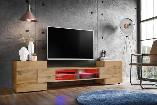 Komodee, Merano Bank TV Schrank, Wotan, LED RGB, Breite 230 cm x Höhe 52,5 cm x Tiefe 35 cm, für Wohnzimmer, Schlafzimmer