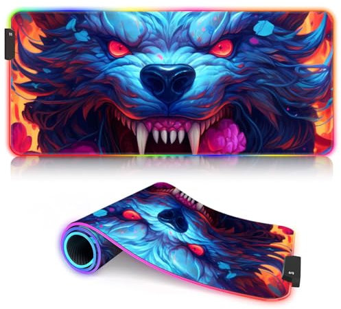 Flowers Mighty Wolf Tapis Souris Jeu RGB Grand Tapis Souris LED Lumineux étendu avec 14 Modes d'éclairage et Tapis Souris USB Gamer pour Jeu Macbook PC Ordinateur Portable Bureau 30 x 80 cm