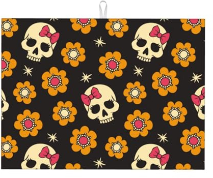 Gearsly Tapetes de secado de platos para encimera de cocina, diseño de calavera floral, vintage, absorbente, escurridor de platos de 18 x 24 pulgadas, microfibra antideslizante de secado rápido para