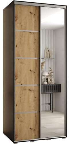 MEBLE KRYSPOL Davos 5 120 Schrank mit Zwei Schiebetüren für Schlafzimmer - Moderner Schrank mit Spiegel, Kleiderstange und Regalen - 235,2x120x60 cm - Schwarz Artisan Silber
