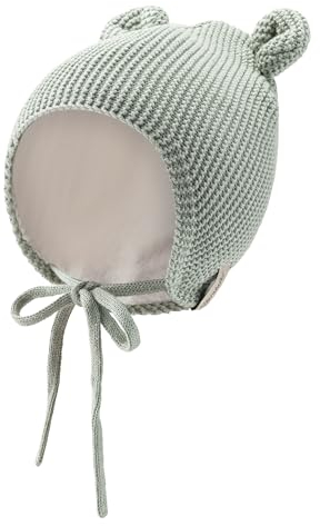 Sterntaler Strickmütze aus Baumwolle (Bio) - GOTS Unisex Baby Strickmütze mit kleinen, angesetzten Öhrchen - Wintermütze mit flauschigem Baumwollfutter, Ohrenklappen und Bindeband - steingrün, 41