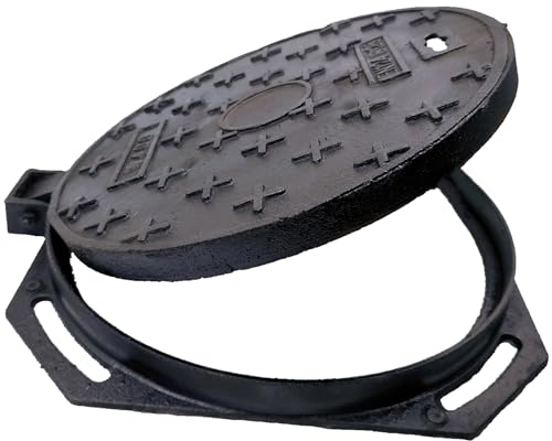DuuMuut Schachtabdeckung und Rahmen aus Gusseisen, 40,6 cm, schwarzer Klärgrubendeckel mit Boden, runde Abwasserbeckenabdeckung, robuste flache Abdeckung für Wellrohr oder Steigrohr (True Durchmesser