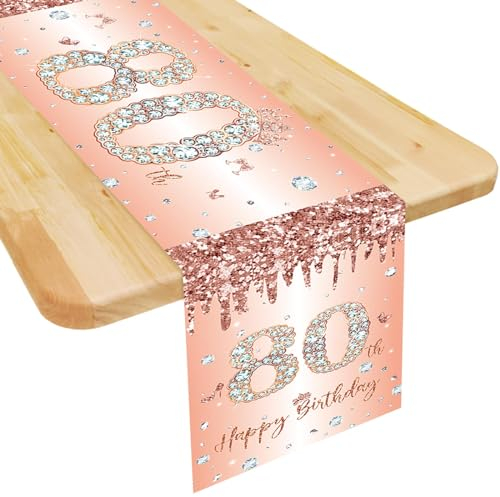 Tischläufer 80 Geburtstag Frau Roségold Happy 80th Birthday Tischband zum 80. Geburtstag Frauen Ihr Geburtstag Jahrestag Feier Party Dinner Tisch Leinen Tischdecke Deko für Zuhause, 180x35 cm Lang