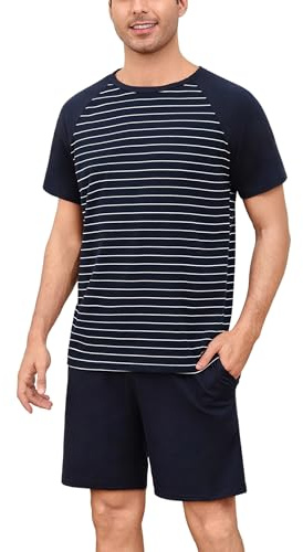 Bresdk Pyjama Homme Court Été Coton à Manches Courtes Col V Deux Pièces | Ensembles de Pyjamas Homme avec short 2 pièces pour nuits chaudes, détente calme et repos à la maison