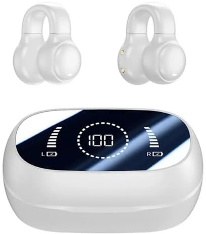 SHOP-STORY – HEADFIT_B: Auriculares Bluetooth inalámbricos con clip de oreja con funda de carga y pantalla digital, color blanco