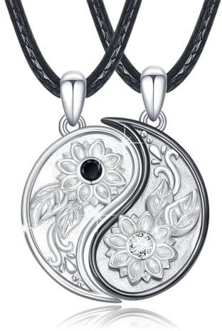 Yin Yang Halskette Sterling Silber Freundschaft Ketten für 2 Stück Sonnenblume Anhänger für Paar BFF Kette Yin Yang Schmuck Valentinstag Geschenke für Frauen Männer Freundin Paar