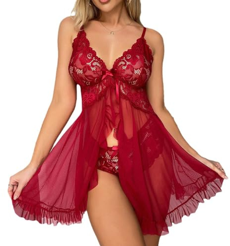 FFWTPY Babydoll Lingerie Sexy Donna con G-String Perizoma Biancheria Intima in Pizzo Confortevole Stile-Anteriore Aperto Negligee Trasparente Camicia da Notte