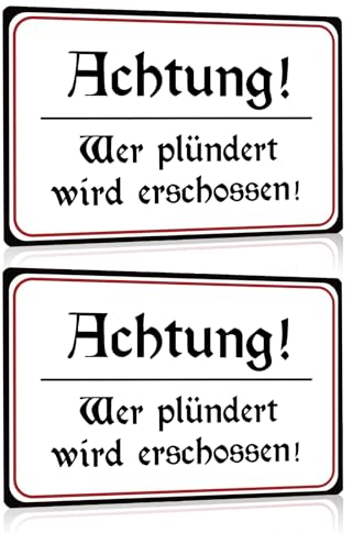 2ER LUSTIG WARNSCHILD SET 20X30cm - ACHTUNG Wer plündert wird erschossen - Retro Blechschild Wandschild Dekoschild Türschilder Schild mit Witziger Spruch - Wanddekoration Geschenk