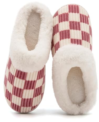 Waysoland Fuzzy Memory Foam Checkered Slippers - Slip On Anti-Skid Sole Cloud Slippers for Ladies & Men - Indoor/Outdoor (Fluffy Pink, 3/4 UK)