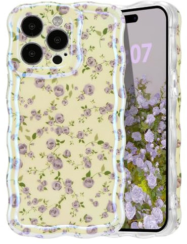 EYZUTAK Case for iPhone 15 Pro Max, Cute Rose Flower Laser Glossy Pattern Curly Wave Border Exquisite Floral Painting Phone Cover Durable Soft TPU Protective Case for Girls Women - Purple Flower/White