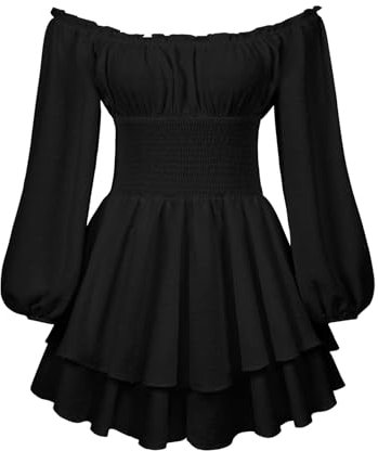 Women's Puff Sleeve Off Shoulder Mini Dress Ruffle Tiered Smocked Layered Flowy Dress A Line Swing Beach Smocked Short Dress (A-Black, XL)