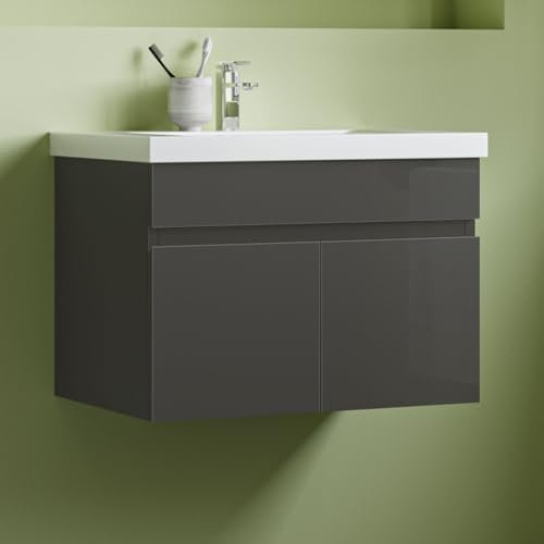 Aica Sanitär Waschtisch mit Unterschrank 60cm Bergen Badmöbel Set Hochglanz Anthrazit Dick Keramik Waschbecken mit Unterschrank MDF Softclose