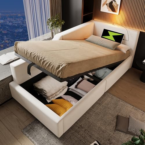 Schlafsofa 90x200 mit Hydraulischem Stauraum, Polsterbett mit USB und Leselicht, Daybett Tagesbett Einzelbett mit Lattenrost, Stauraumbett Jugendbett Bettgestell, Ohne Matratze (Beige, 90x200 cm)