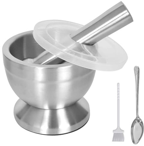 KYSUN Stainless Steel Mortar Bowl and Pestle, Mortar and Pestle Sets, Pill Crusher Bowl with lid/brush/spoon, Herb Pesto Spice Crusher, Pestle and Mortar Set, Food Spice Grinder for Herbs Pills Spices