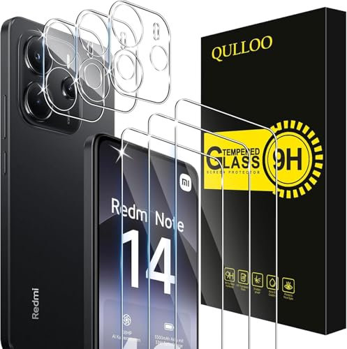 QULLOO Protector de Pantalla para Xiaomi Redmi Note 14 4G, 3 Piezas Cristal Templado y 2 Piezas Protector de Lente de Cámara, Dureza 9H Ultra Resistente Vidrio Templado