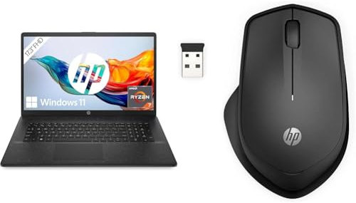 HP Laptop mit 17,3 Zoll FHD Display, AMD Ryzen 7 7730U, 16 GB DDR4 RAM, 512 GB SSD, AMD Radeon-Grafik, Windows 11, QWERTZ Tastatur, Schwarz 280 Silent Wireless Maus, Schwarz