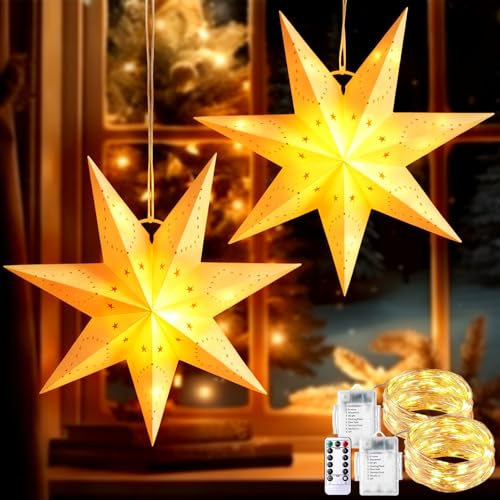 2 Stück Faltstern Weihnachten Papierstern Lampenschirm, 45cm 3D Weihnachtssterne Beleuchteter mit Fernbedienung & Batteriehalter, 8 Modi, Dimmbar & Timer, Weihnachtsdeko Leuchtstern