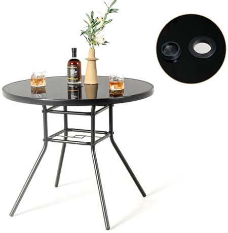KOMFOTTEU Table de Jardin avec Trou pour Parasol, φ 86 cm,Table de Bistrot avec Plateau en Verre et Cadre en Métal, Table d'Appoint, Hauteur de 71 cm, pour Balcon, Terrasse
