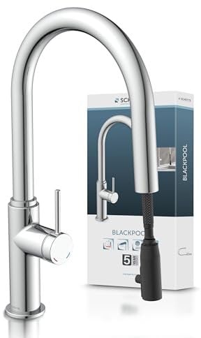 SCHÜTTE Blackpool 79516 Rubinetto da cucina con doccetta estraibile, rubinetto da cucina a 360 gradi, miscelatore con miscelatore monocomando, rubinetto per lavello con doccetta estraibile, cromato