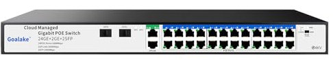 Goalake Switch PoE Gigabit 24 Porte con Cloud Management | 360W, 802.3af/at, 2 SFP, VLAN | Controllo via App, Riavvio Cloud, Portata 250m | Per Reti Professionali