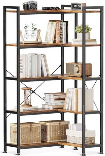 Coleshome 5-Tier Corner Bookshelf, 5-Shelf L Shaped Corner Bookcase, Tall Bookshelves Storage Display Cabinets for Living Room Home Office, Bedroom, Rustic Brown, 72.8 x 65.3 x 145.5
