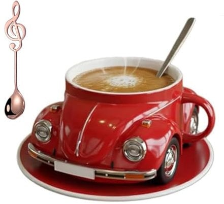 Kaffeebecher in Käferform - handgefertigte Keramik-Tasse, kreatives Geschenk für Käfer- und Autoliebhaber, spülmaschinenfest und wiederverwendbar, perfekt für Heim und Büro (Rot)