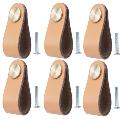 BOOLSFMAM 6 Stück Ledergriffe für Möbel,6.4 x 2.5 cm Handgemachte Griff Möbelknöpfe Leder Möbelgriffe,Schubladengriff Schrankknöpfe für Küchenschränke, Kleiderschrank (Hellgelb)