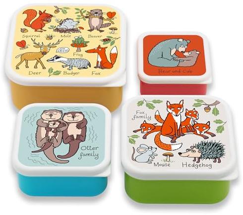 Tyrrell Katz Kids Snack Boxes with Woodland Animals theme Print - Children's 4 Piece Set - Freezer Safe Square Food Storage Containers