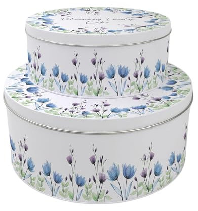 Blooming Lovely Set of 2 Cake Tins - Nesting Round Large & Medium Metal Storage Containers for Cakes and Baking - Blue & Purple Floral Homeware Gifts