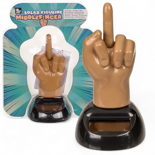 MIJOMA Solarbetriebene Wackelfigur - Bewegliche Figur mit Solarzelle, Kunststoff, 10 cm hoch, Keine Batterien notwendig, Für Fensterbretter, Autos & sonnige Plätze (Mittelfinger Hand Hautfarben)