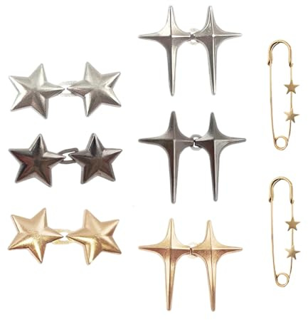 Verazquy 6 Pairs Star Jean Waist Tightener Clips with 2Pcs Pants Button Tightener Pins, No Sewing Adjustable Waistband Buttons for Loose Skirts Sweaters Reusable Metal Waist Cincher Tightener Pins