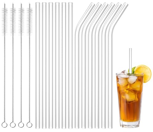 LUCKNIGHT Strohhalme Glas, 12 Stück Glasstrohhalme, 6 Gebogenem + 6 Lange Geraden Trinkhalme, mit 4 Reinigungsbürsten, Spülmaschinenfest, Wiederverwendbar, für Kaffee, Cocktail, Slush, Säfte