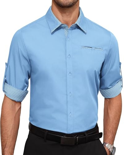 Elainone Hemd Herren Langarm Regular Fit Business Freizeithemd mit Tasche Anzughemd für Hochzeit Office Bügelleicht Hellblau L