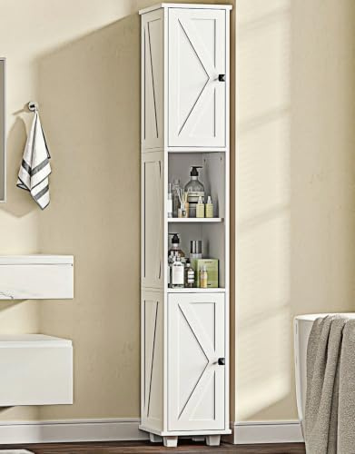 Skokliz Tall Bathroom Cabinet Storage, 180x30x30 cm Bathroom cupboards | Slim bathroom storage unit with 6 Shelf, Space-Saving Kitchen Pantry Cabine, for Bathroom, Living Room, Small Spaces White