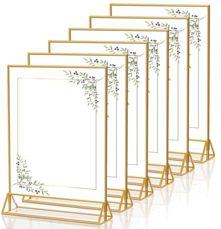 DiiWmme 6 Stück Tischaufsteller A6 Menükartenhalter Acryl Gold | DiiWmme T Form Dreieck Transparent Tischkartenhalter für Menükarten Tischnummern Werbeschilder in Restaurants Hotels