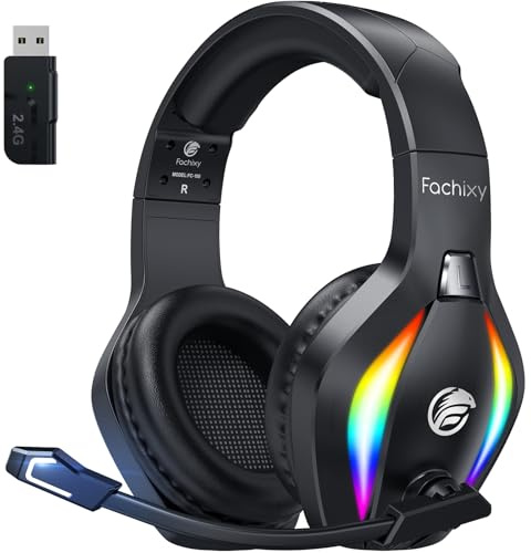 Fachixy FC-100 Bluetooth Headset, 2,4G Gaming Headset Wireless mit Mikrofon für PS5, PS4, PC, Switch, Mac, Surround Sound Noise Cancelling Kopfhörer mit LED Licht, Über 50 Stunden Akkulaufzeit