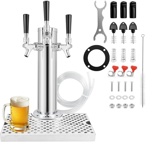 Tour de robinet à bière à 3 robinets avec plateau d'égouttement en acier inoxydable, tour de fût de bière pré-installée avec pièces Kegerator Plateau d'égouttement pour brassage maison