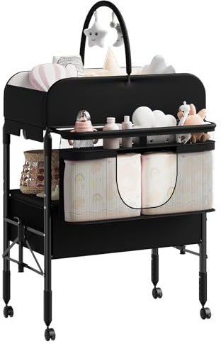 Wickeltisch Klappbar Mit 2 Schubladen, Höhenverstellbar, Wasserdichte Matte, Platzsparende Wickelkommode, Kleiderstange, 2 Schubladen & 4 Verriegelbare Räder, Schwarz