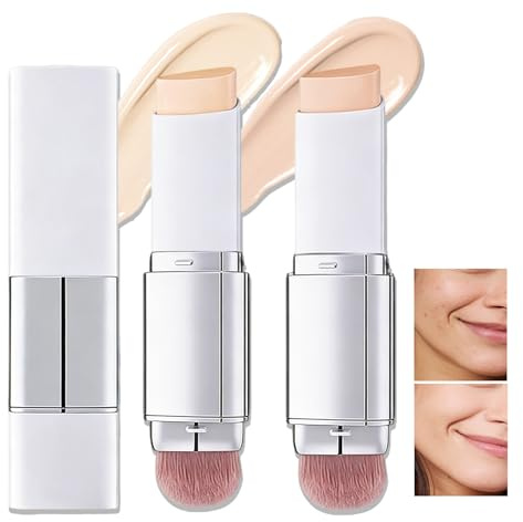 2Pcs Hydrating Foundation Stick Reife Haut mit Pinsel,2 in 1 Hohe Deckkraft Weiß Hydrating Concealer Base Face Makeup,Dual-Ended Soft Cover Cream Stick,All-In-One Stick (Ivory+Natural, 2 Colors)