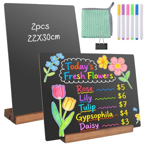 SneiDr 2pcs 22x30cm Groß Kreidetafel Aufsteller Holz Tischtafel Holzständer | Tafel Stabil Inkl.Stifte Tuch Clip Doppelseitige Blackboard zum Beschriften Aufsteller Getränkekarte für Bar Café Hochzeit