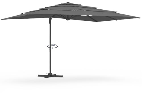 IDMarket - Parasol déporté inclinable Rotatif 360 Calvi Multi Toile Grand Vent Gris 3x4 M avec Housse