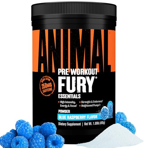 ANIMAL Fury Pre Workout Blue Raspberry - potenciador del entrenamiento con BCAA, beta-alanina, citrulina y 350 mg de cafeína - Para concentración, bombeo y energía - 483g