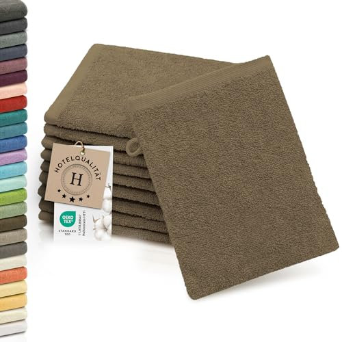 ZOLLNER 10er Set Waschlappen - weiche und saugstarke Waschhandschuhe - waschbar bis 95°C - Baumwolle - 16x21 cm in braun