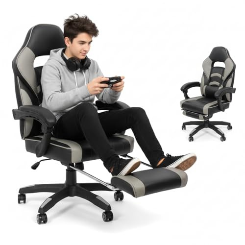 Melko Gaming Stuhl Bürostuhl ergonomisch mit Fußstütze bis 150 kg Schwarz | Rückenlehne bis 140° neigbar, feststellbare Wippfunktion, Kunstleder, inkl. Lendenkissen, Sitzhöhe 38-45 cm verstellbar, Grau