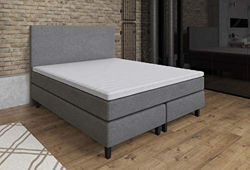 Tesla Dreams Boxspringbett 180x200 ETNA, Taschenfederkern Matratze H2/H3, MemoLUX Topper 10 cm Höhe, Unterbau Taschenfederkern, Polsterbett, Hotelbett, Grau